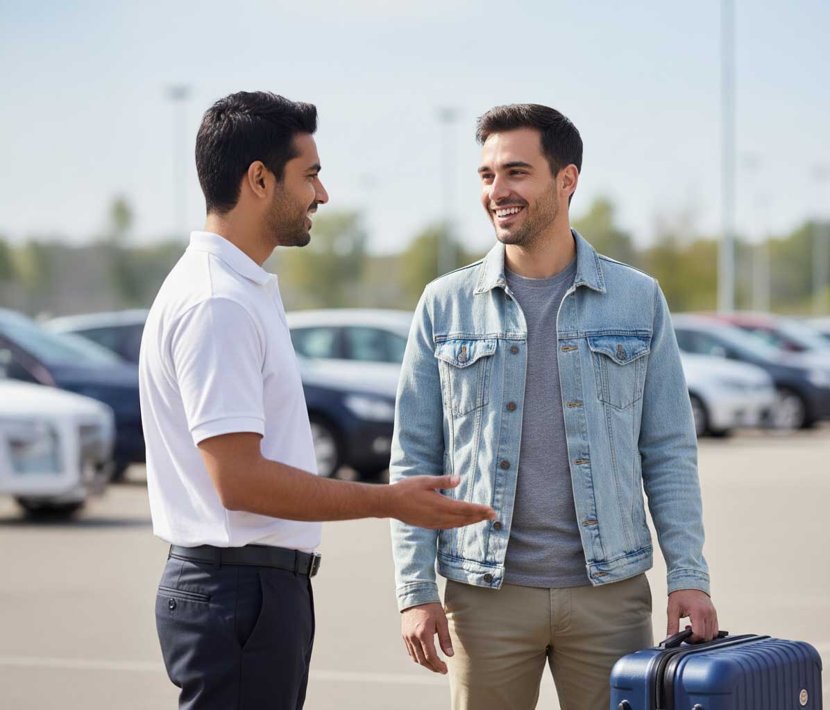 Friendly staff member helping traveler with Detroit airport parking directions